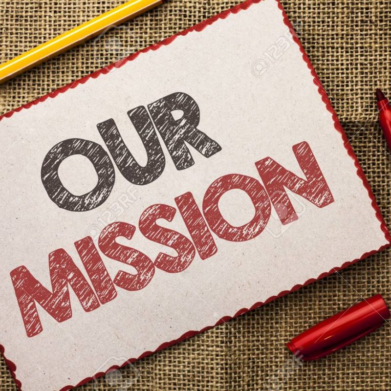 Writing note showing  Our Mission. Business photo showcasing Goal Motivation Target Growth Planning Innovation Vision written Cardboard Piece the jute background Markers next to it.
